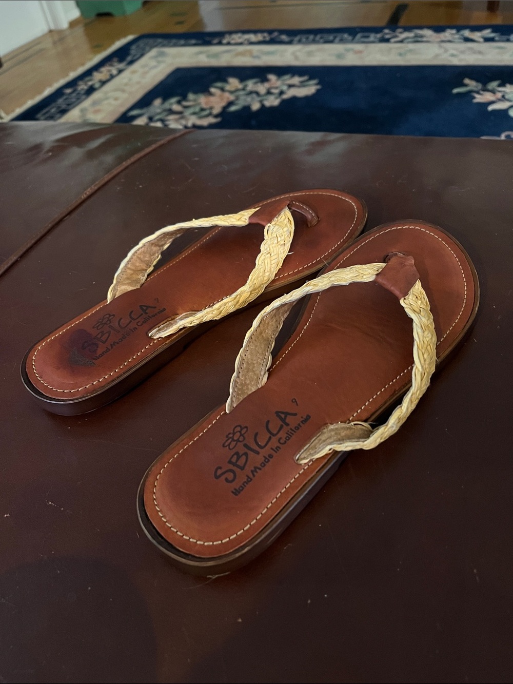 Sbicca Brown Leather Flip Flop Sandals with Braided Straw Straps